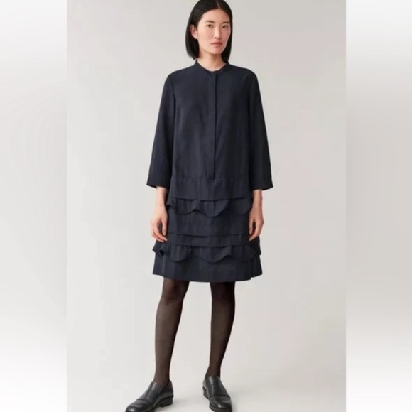 COS Layered Scalloped Edge Shift Dress Long Sleeve Black Size 2 - Picture 1 of 15